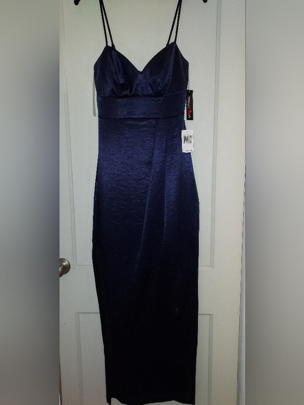 Teeze Me Navy Satin Maxi Dress Size 1/2 JR with Spaghetti Straps